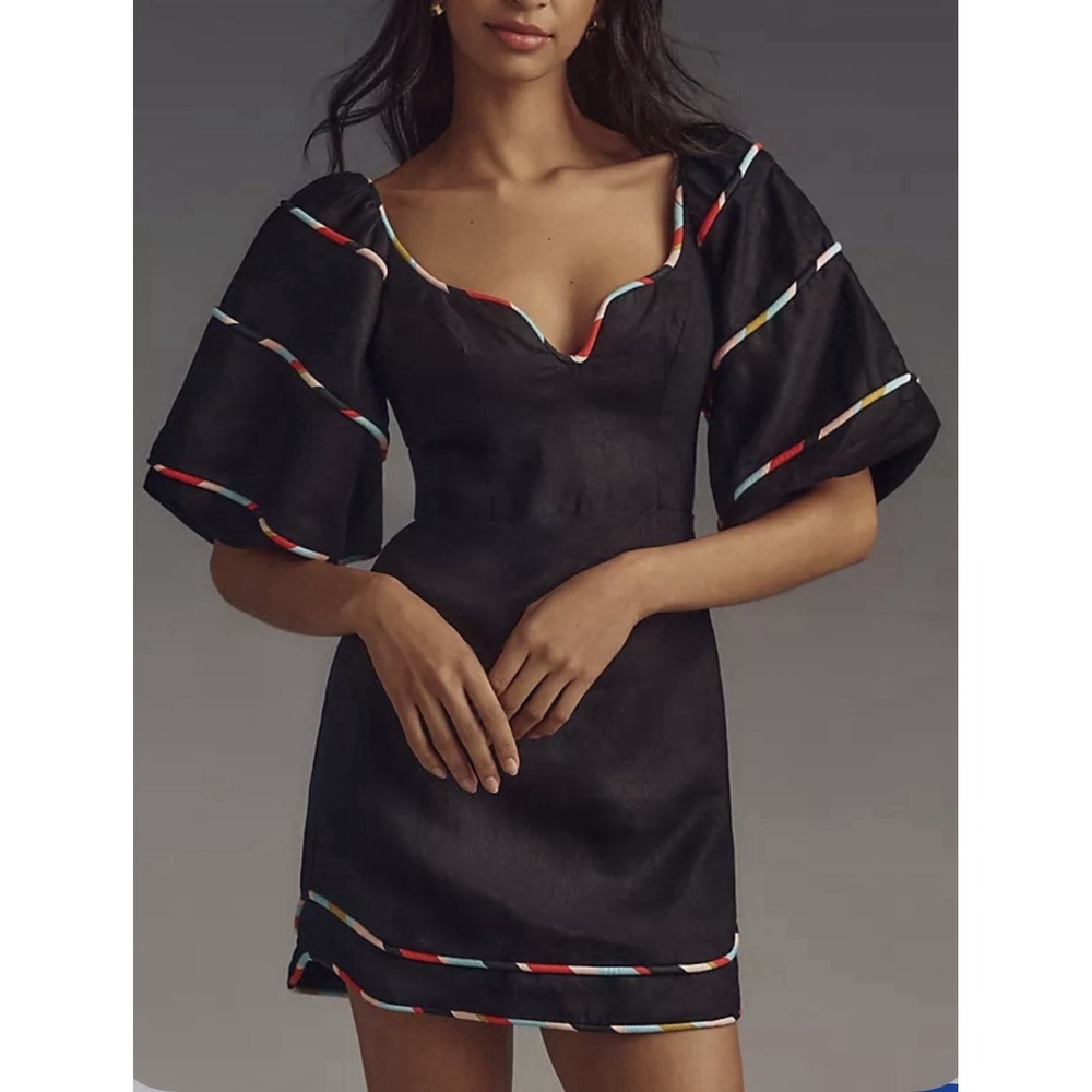 NWT Farm Rio Colored Stripes Linen Mini Dress L Cottagecore Puff Sleeve Dressy